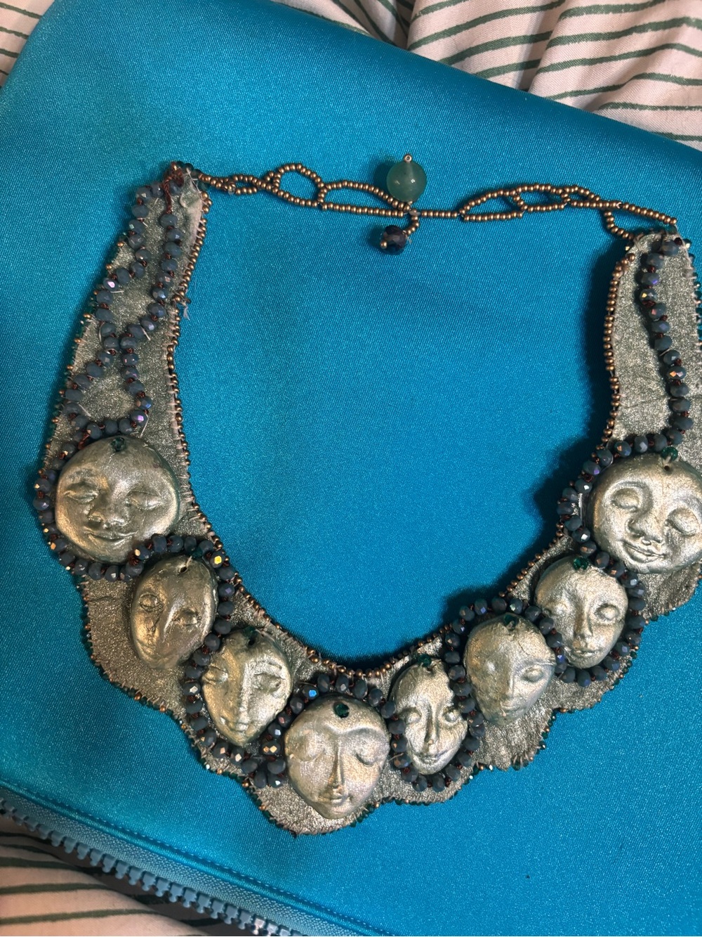 Artisan Silver Moon Face Beaded Statement Necklace - Teal Accents
